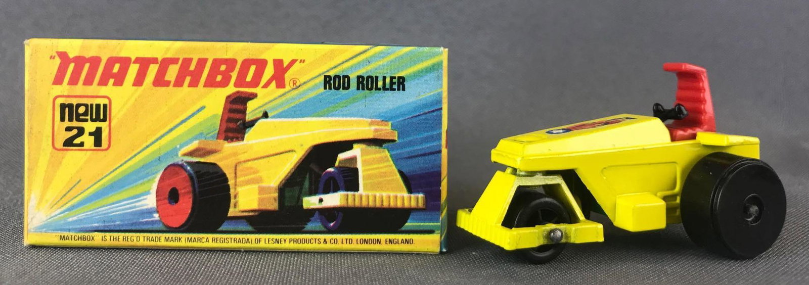 Matchbox Superfast No. 21 Rod Roller Die-Cast Vehicle: Yellow body, red base, BPW, Star/flame decal. A Lesney Product. Made in England, I Box