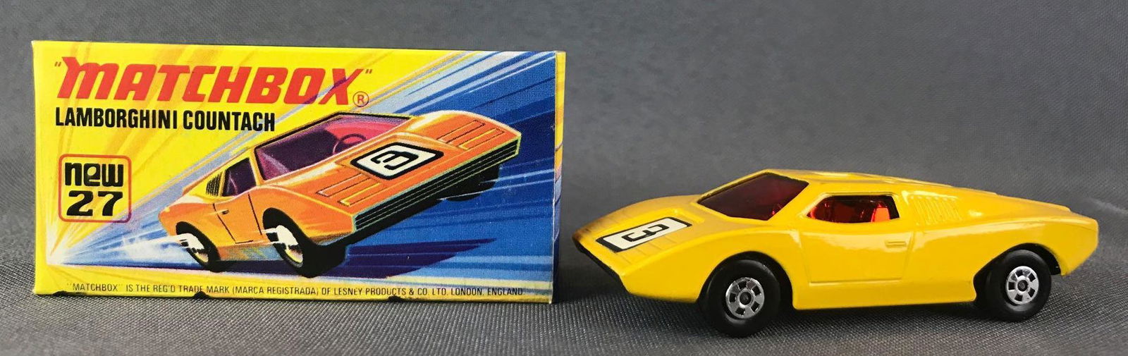 Matchbox Superfast No. 27 Lamborghini Countach Die-Cast: Yellow body, red windows, BPW, white/black 3 decal. A Lesney Product. Made in England, I Box