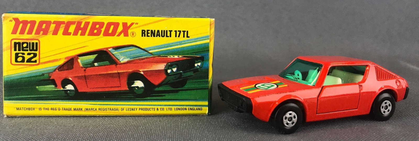 Matchbox Superfast No. 62 Renault 17 TL Die-Cast: Orange body, blue/green windows, BPW, yellow/orange/green stripes/9 decal. A Lesney Product. Made in England, I Box