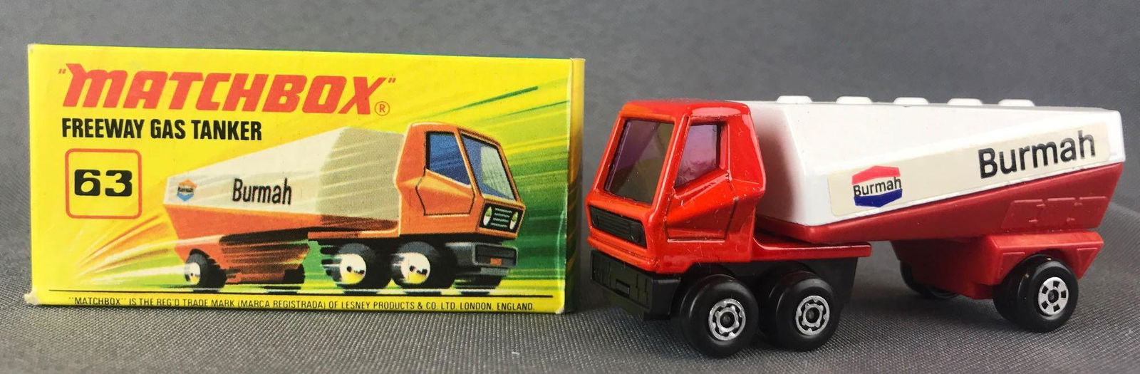 Matchbox Superfast No. 63 Freeway Gas Tanker Die-Cast: Red body, purple windows, BPW, Burmah decals, I Box