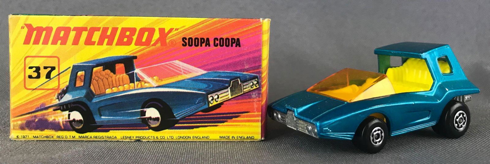 Matchbox Superfast No. 37 Soopa Coopa Die-Cast Vehicle: Teal body, amber windows, BPW. A Lesney Product. Made in England, I Box