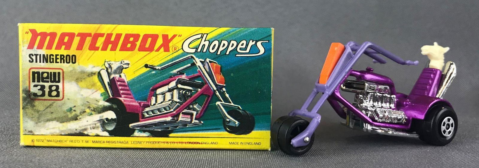 Matchbox Superfast Choppers No. 38 Stingeroo Die-Cast: Purple body, BPW. A Lesney Product. Made in England, I Box
