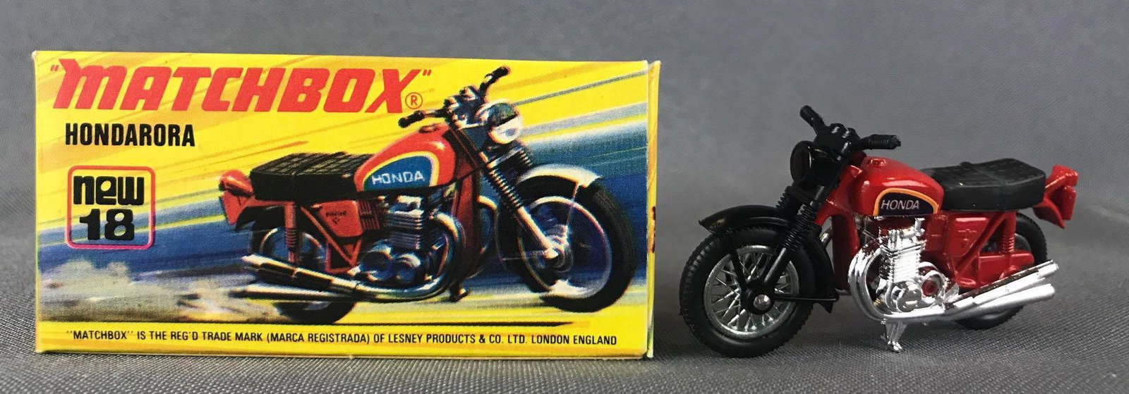 Matchbox No. 18 Hondarora Die-Cast Vehicle with: Red body, BPW, Honda decal. A Lesney Product. Made in England, I Box