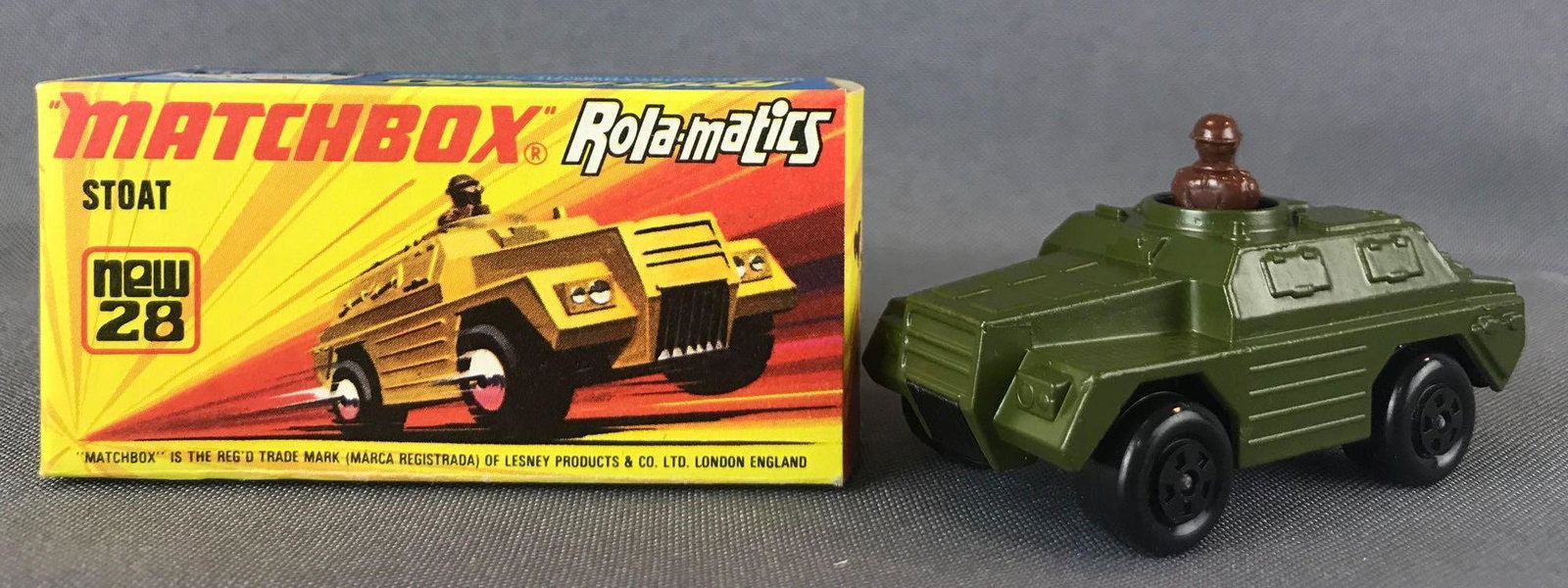 Matchbox Rola-matics Superfast No. 28 Stoat Die-Cast: With Original Box. Green body, BPW. A Lesney Product. Made in England, I Box