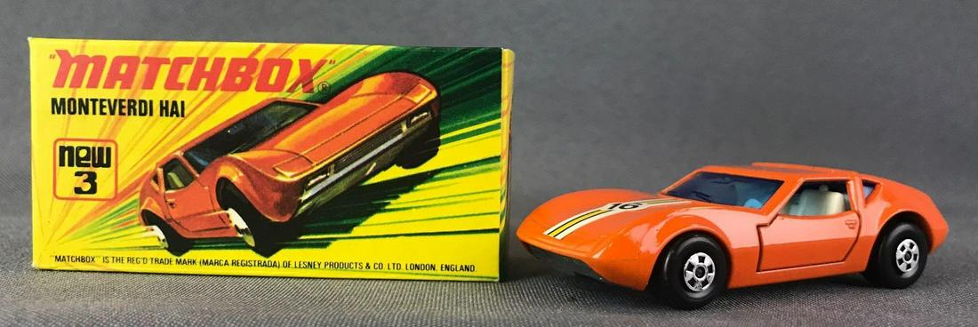 Matchbox Superfast No. 3 Monteverdi Hai Die-Cast: Orange body, blue windows, BPW, white/yellow/black stripes/16 decal. A Lesney Product. Made in England, I Box