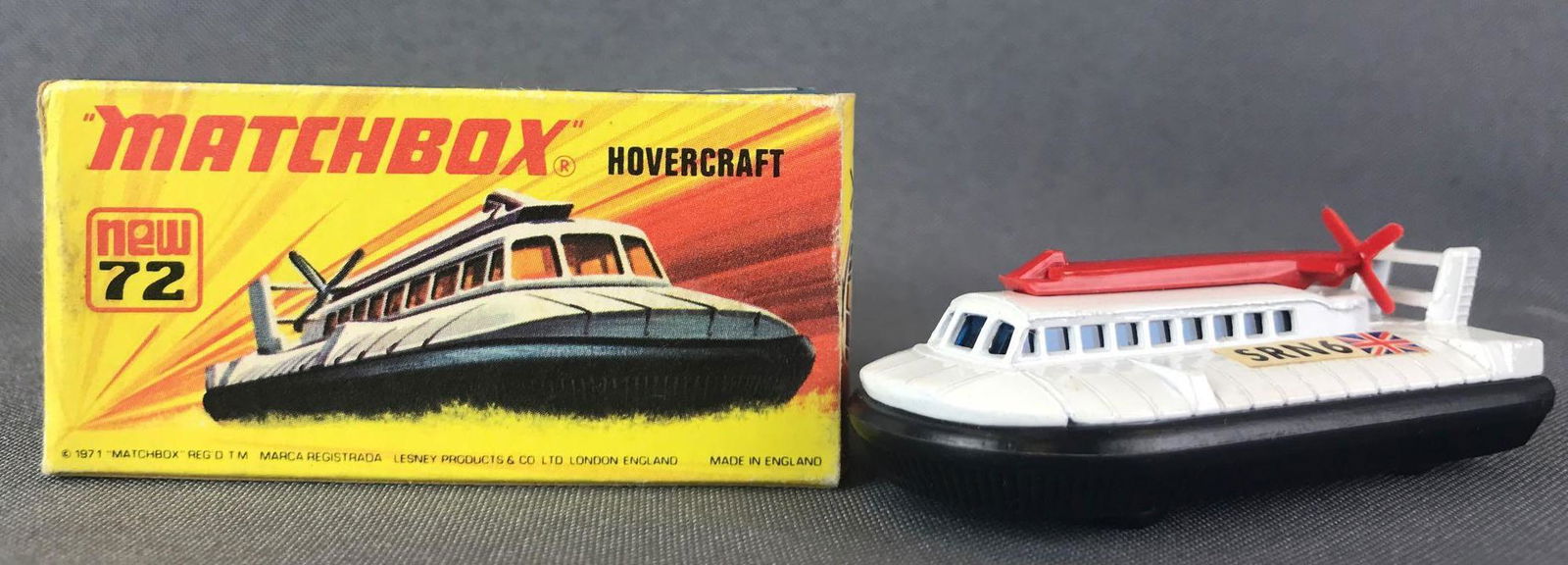 Matchbox Superfast No. 72 Hovercraft Die-Cast Vehicle: White body, blue windows, BPW, SRN6 decals. A Lesney Product. Made in England, I Box