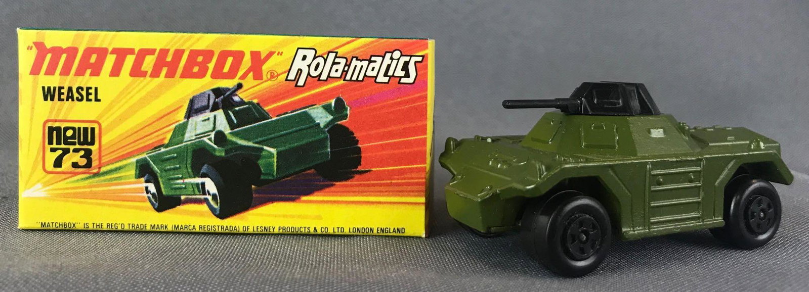 Matchbox Rola-matics Superfast No. 73 Weasel Die-Cast: With Original Box. Green body, BPW. A Lesney Product. Made in England, I Box