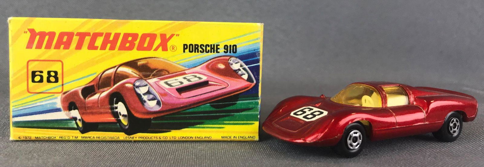 Matchbox Superfast No. 68 Porsche 910 Die-Cast Vehicle: Red body, amber windows, BPW, white/black 68 decal. A Lesney Product. Made in England, I Box