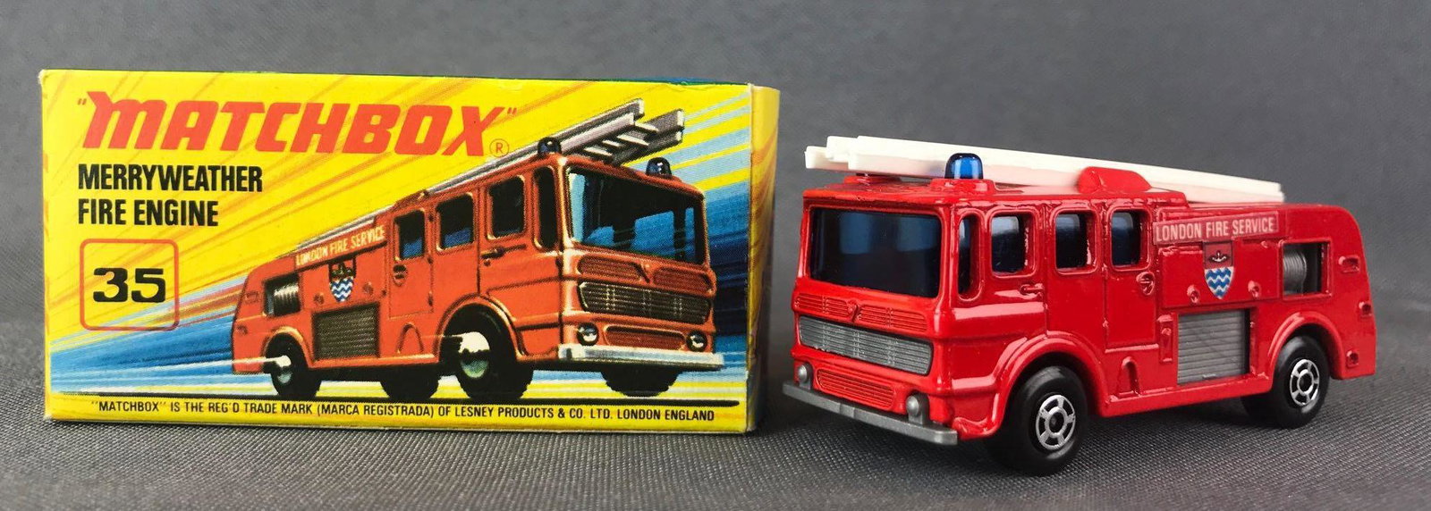 Matchbox Superfast No. 35 Merryweather Fire Engine: Red body, blue windows, BPW, London Fire Service decals. A Lesney Product. Made in England, I Box