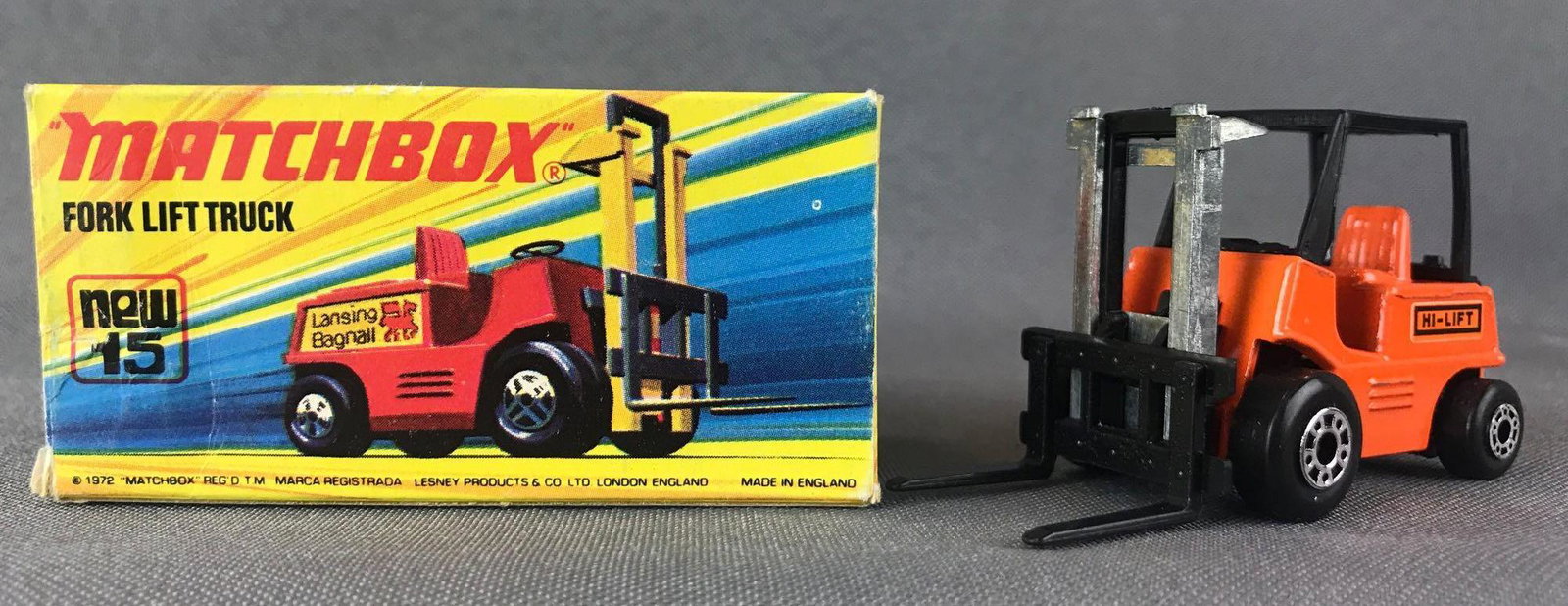 Matchbox Superfast No. 15 Fork Lift Truck Die-Cast: Orange body, BPW, Hi-Lift decals. A Lesney Product. Made in England, I Box