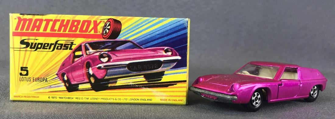 Matchbox Superfast No. 5 Lotus Europa Die-Cast Vehicle: Fuschia body, BPW. A Lesney Product. Made in England, H Box
