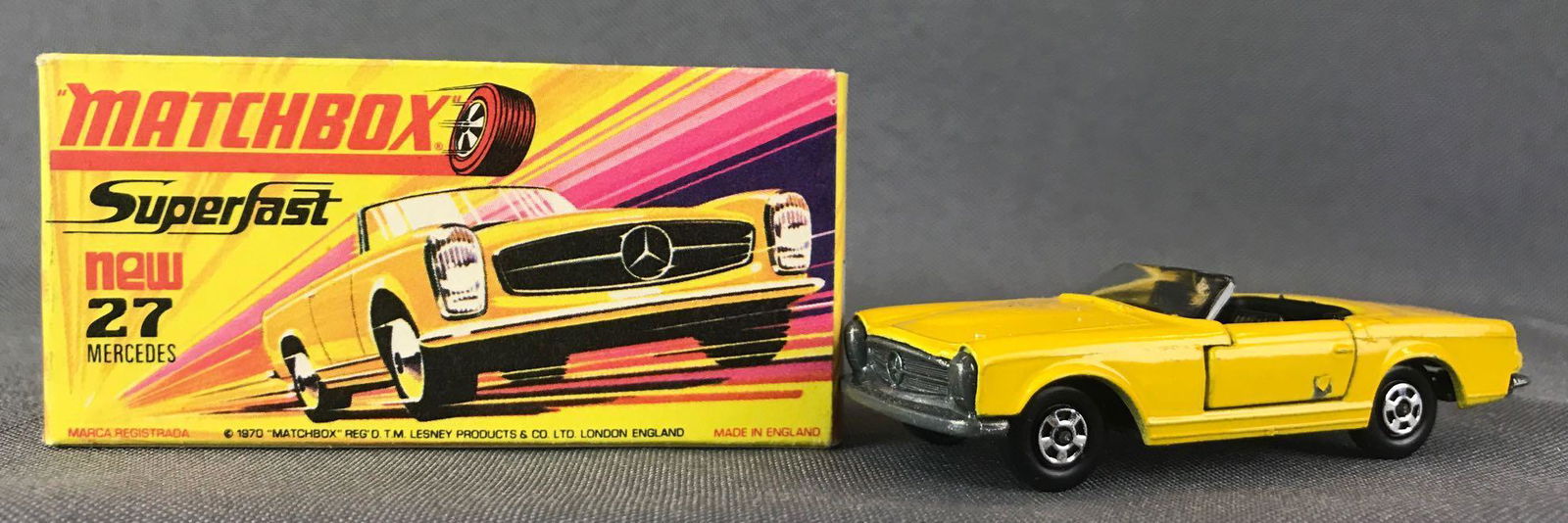 Matchbox Superfast No. 27 Mercedes 230 SL Die-Cast: Yellow body, BPW. A Lesney Product. Made in England, H Box