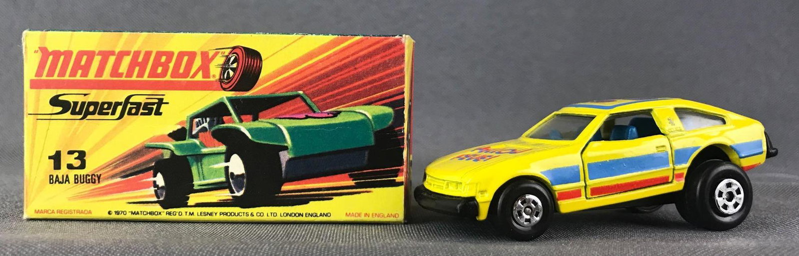 Matchbox Superfast No. 13 Baja Buggy Box with Yellow: Miss Match Box and Car, Yellow body, BPW. Yellow Fever, BF Goodrich, STP, 56 decals. A Lesney Product. Made in England, H Box