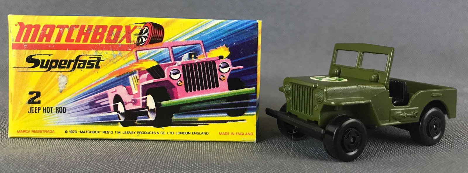 Matchbox Superfast No. 2 Jeep Hot Rod Box with Army: Miss Match Box and Car, Green body, BPW, green/white star decal. A Lesney Product. Made in England, H Box