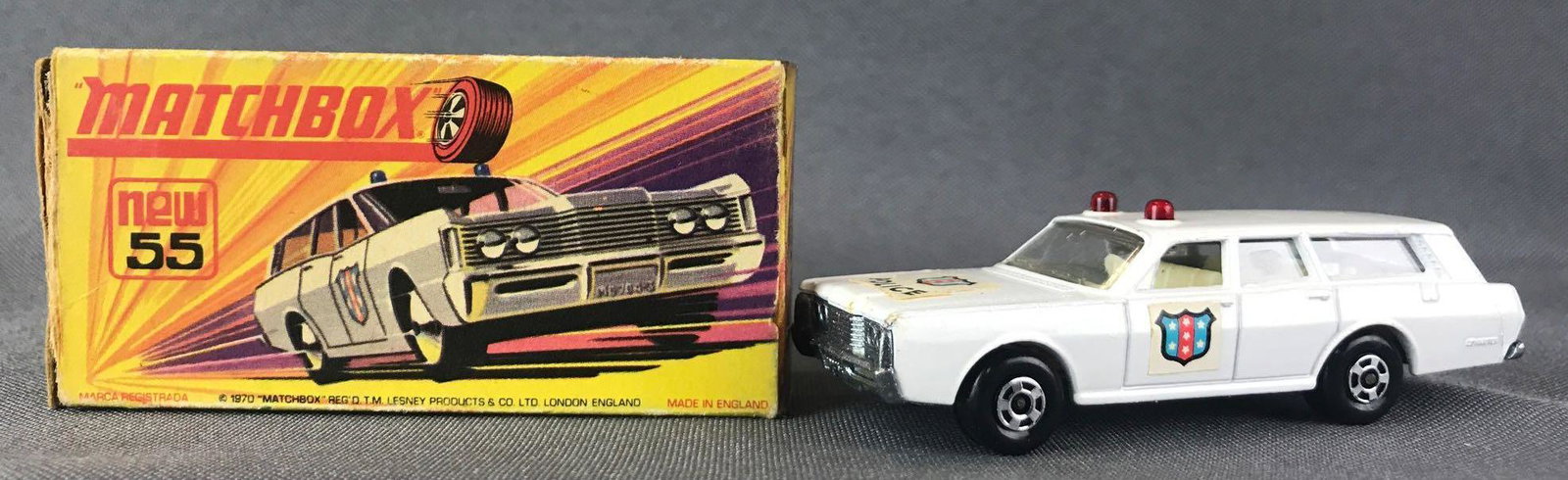 Matchbox Superfast No. 55 Mercury Police Car Die-Cast: White body, BPW, Police/shield decals. Some box damage. A Lesney Product. Made in England, H Box