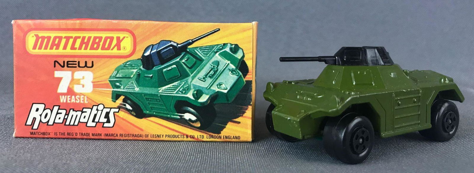Matchbox Rola-matics Superfast No. 73 Weasel Die-Cast: Green body, BPW. A Lesney Product.J Box