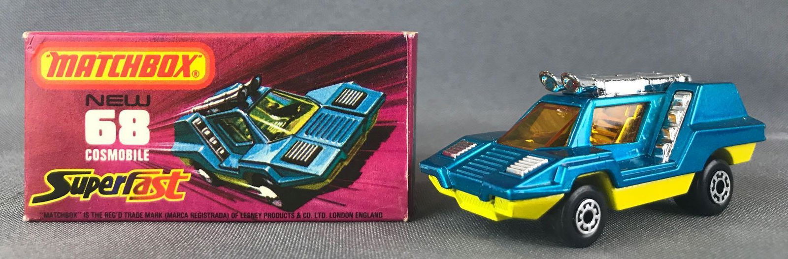 Matchbox Superfast No. 68 Cosmobile Die-Cast Vehicle: Blue body, yellow base, amber windows, BPW. A Lesney Product.ÊJ Box