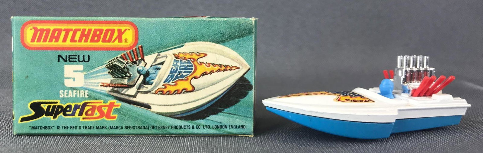Matchbox Superfast No. 5 Seafire Die-Cast Vehicle with: White body, blue base, BPW, Sea Fire/flame decals. A Lesney Product.ÊJ Box