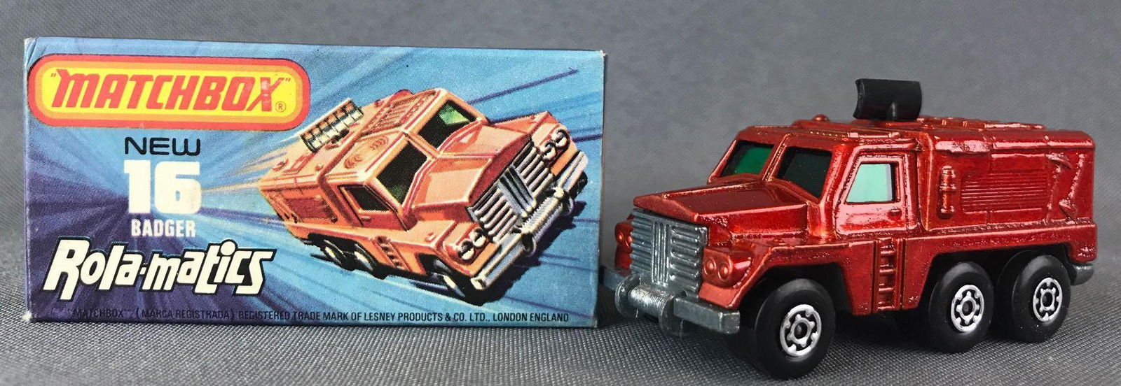 Matchbox Rola-matics Superfast No. 16 Badger Die-Cast: Red body, green windows, BPW. A Lesney Product.Ê