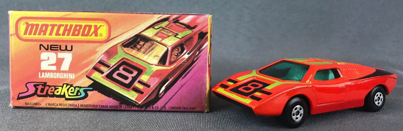 Matchbox Superfast Streakers No. 27 Lamborghini: Orange body, blue/green windows, BPW. A Lesney Product.ÊJ Box