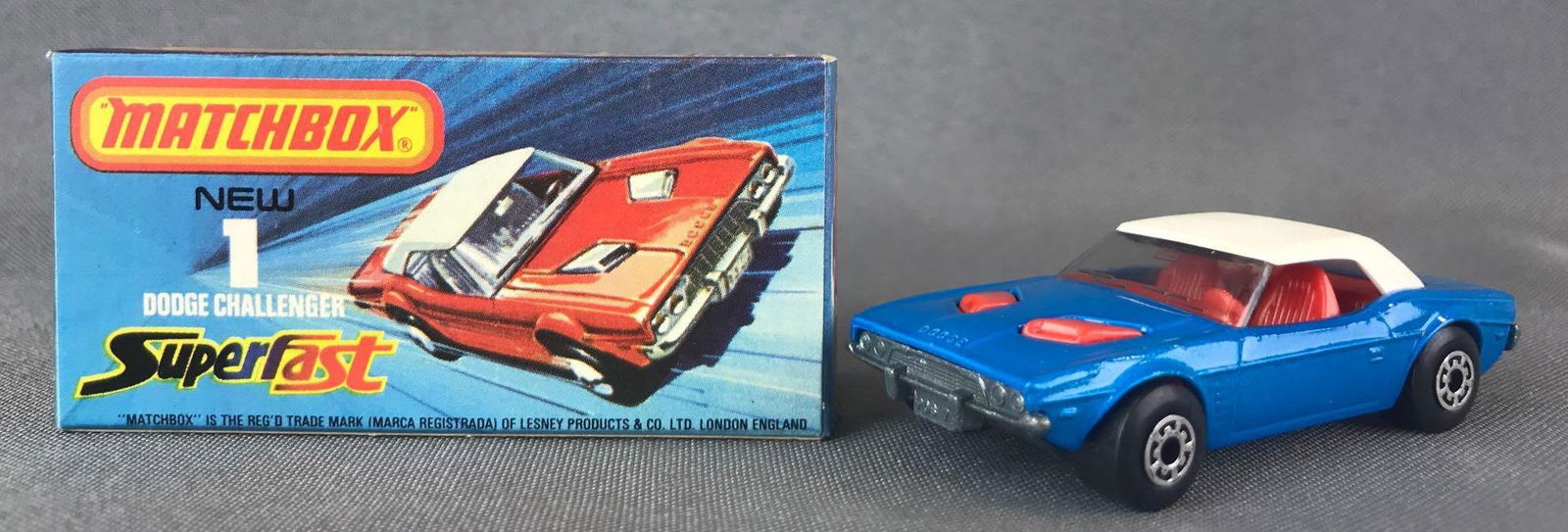 Matchbox Superfast No. 1 Dodge Challenger Die-Cast: Blue body, BPW. A Lesney Product.ÊJ Box
