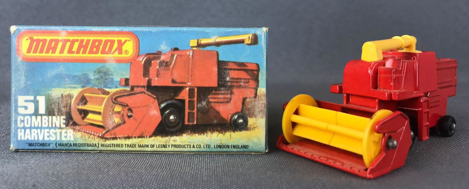 Matchbox No. 51 Combine Harvester Die-Cast Vehicle with: Red body, BPW. A Lesney Product.Ê, L Box