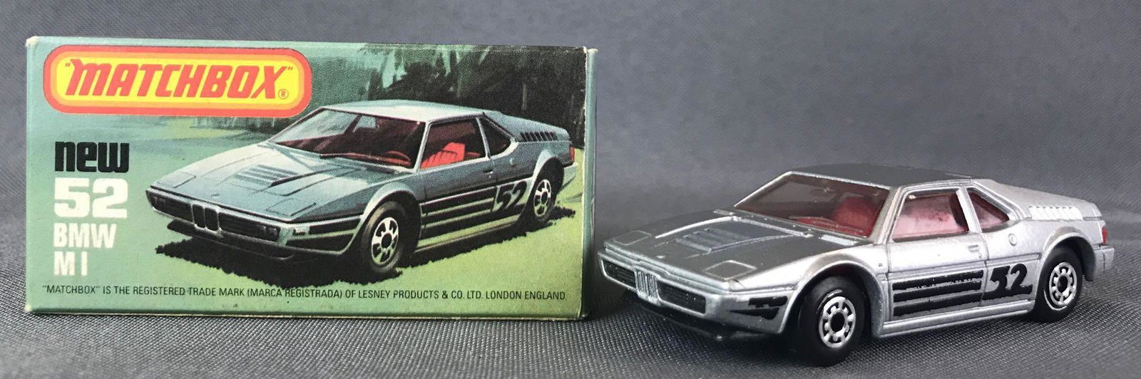 Matchbox No. 52 BMW MI Die-CastVehicle with Original: Silver body, BPW, black stripes/52. A Lesney Product.Ê, L Box