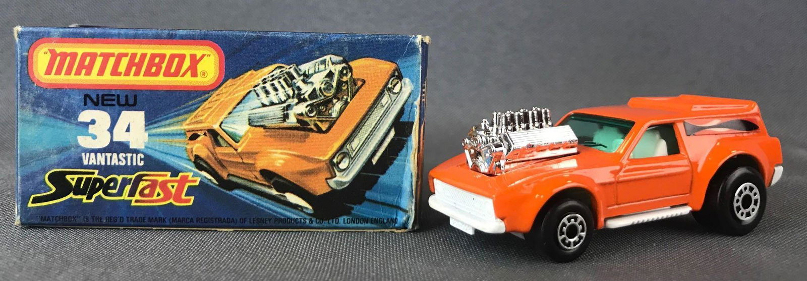 Matchbox Superfast No. 34 Vantastic Die-Cast Vehicle: Orange body, white base, blue/green windows, BPW. A Lesney Product.ÊJ Box