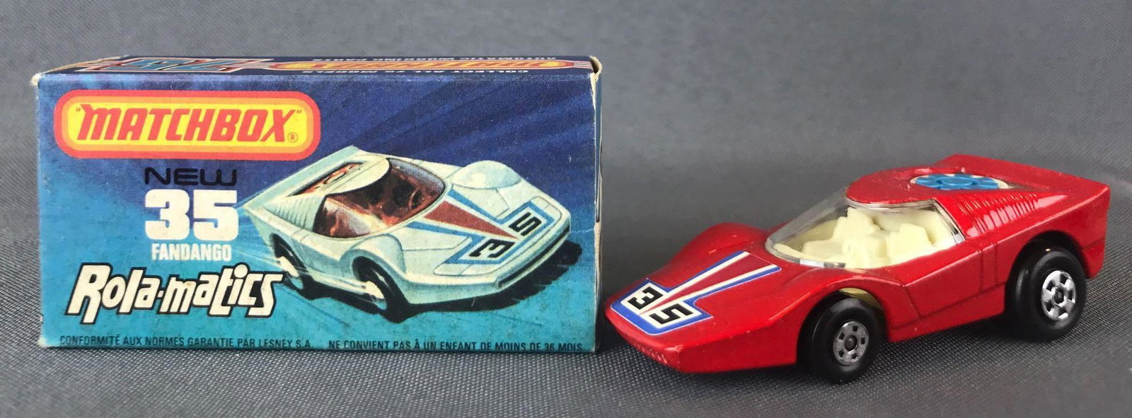 Matchbox Rola-matics Superfast No. 35 Fandango Die-Cast: Red body, BPW, blue/red/white/black 35 decal. A Lesney Product.ÊJ Box