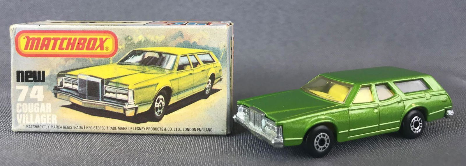 Matchbox Superfast No. 74 Cougar Villager Die-Cast: Acid green body, BPW. A Lesney Product.Ê, L Box