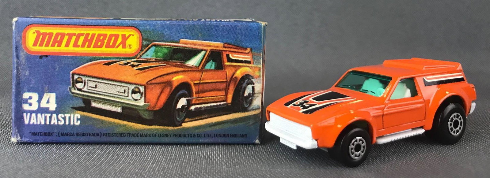 Matchbox Superfast No. 34 Vantastic Die-Cast Vehicle: Orange body, white base,blue/green windows, BPW, black/orange/white 34 decal. A Lesney Product.Ê, L Box