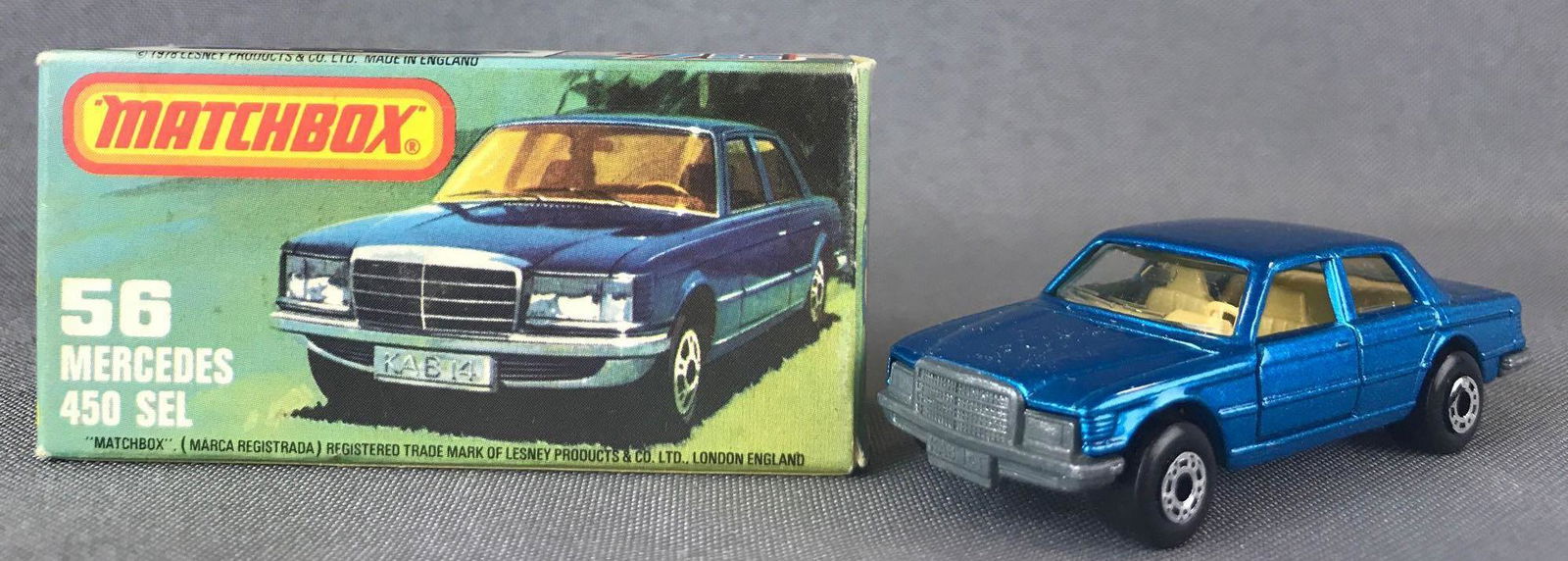 Matchbox Superfast No. 56 Mercedes 450 SEL Die-Cast: Blue body, BPW. A Lesney Product.Ê, L Box