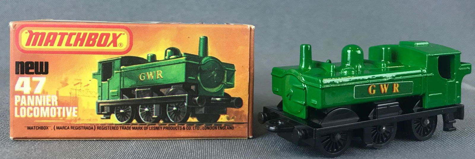 Matchbox Superfast No. 47 Pannier Locomotive Die-Cast: Green body, BPW, GWR decals. A Lesney Product.Ê, L Box