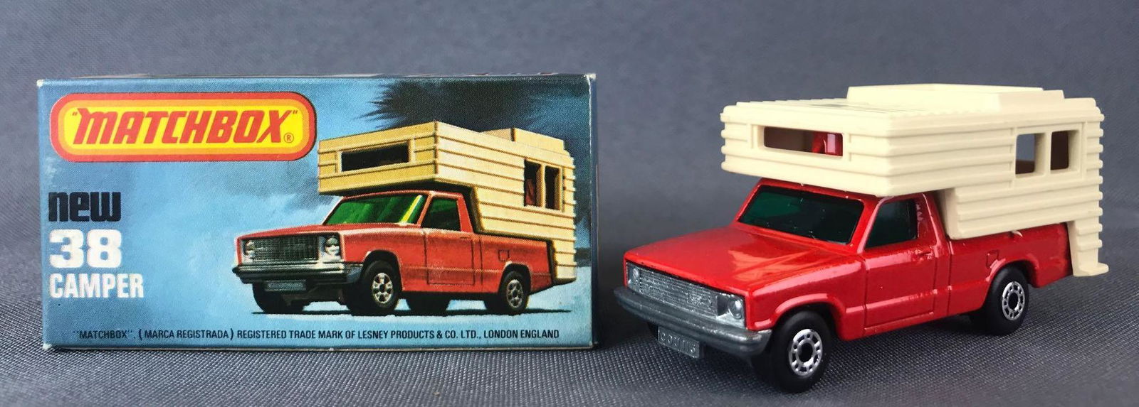 Matchbox Superfast No. 38 Camper Die-Cast Vehicle with: Red body, green windows, BPW. A Lesney Product. L Box