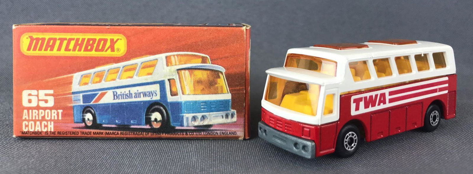 Matchbox Superfast No. 65 Airport Coach Die-Cast: Red body, amber windows, BPW, white/red TWA decals. A Lesney Product.ÊJ Box