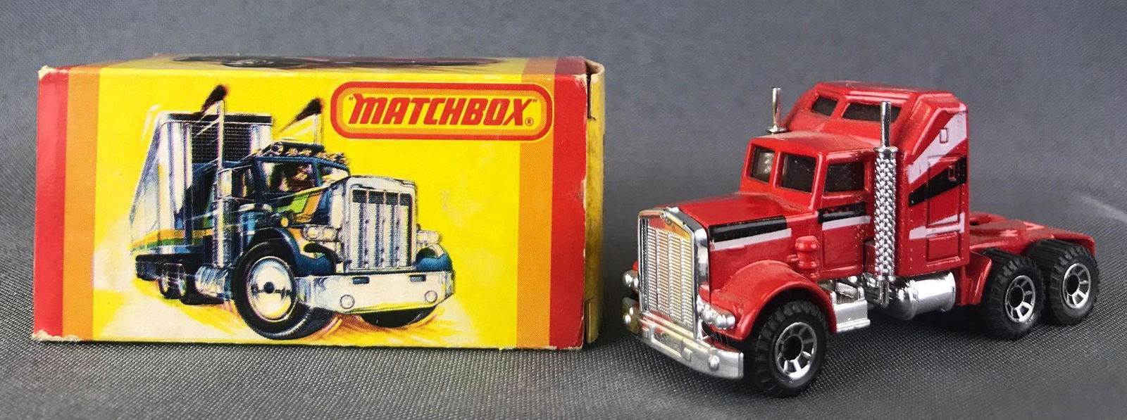 Matchbox No. 45 Kenworth Aerodyne Die-Cast Vehicle with: Red body, black/white stripes, BPW. A Lesney Product. Made in England