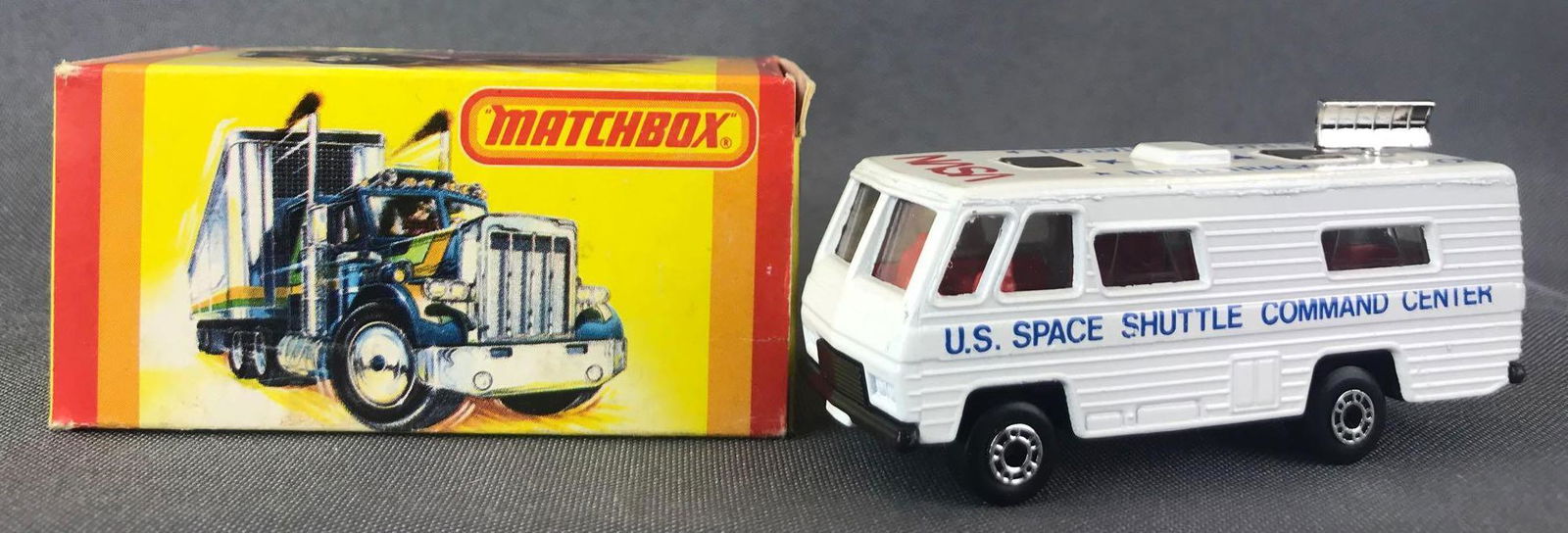 Matchbox No. 54 NASA Tracking Vehicle Die-Cast Vehicle: White body, BPW, red/blue NASA decals. A Lesney Product. Made in England
