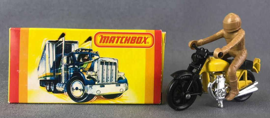 Matchbox No. 18 Hondarora Die-Cast Vehicle with: Yellow body, BPW, rider. A Lesney Product. Made in England