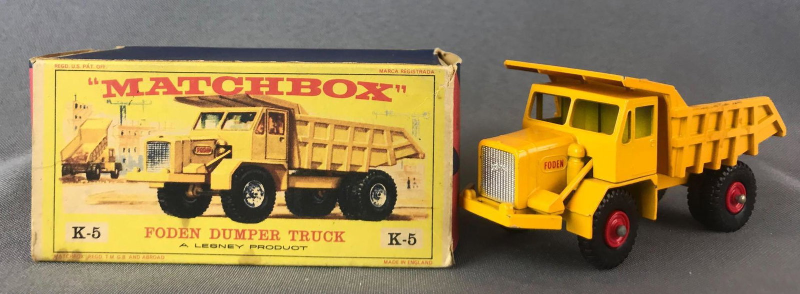Matchbox King Size K-5 Foden Dumper Truck Die-Cast: Yellow body, BPW, red Foden decals. Some box damage. A Lesney Product. Made in England