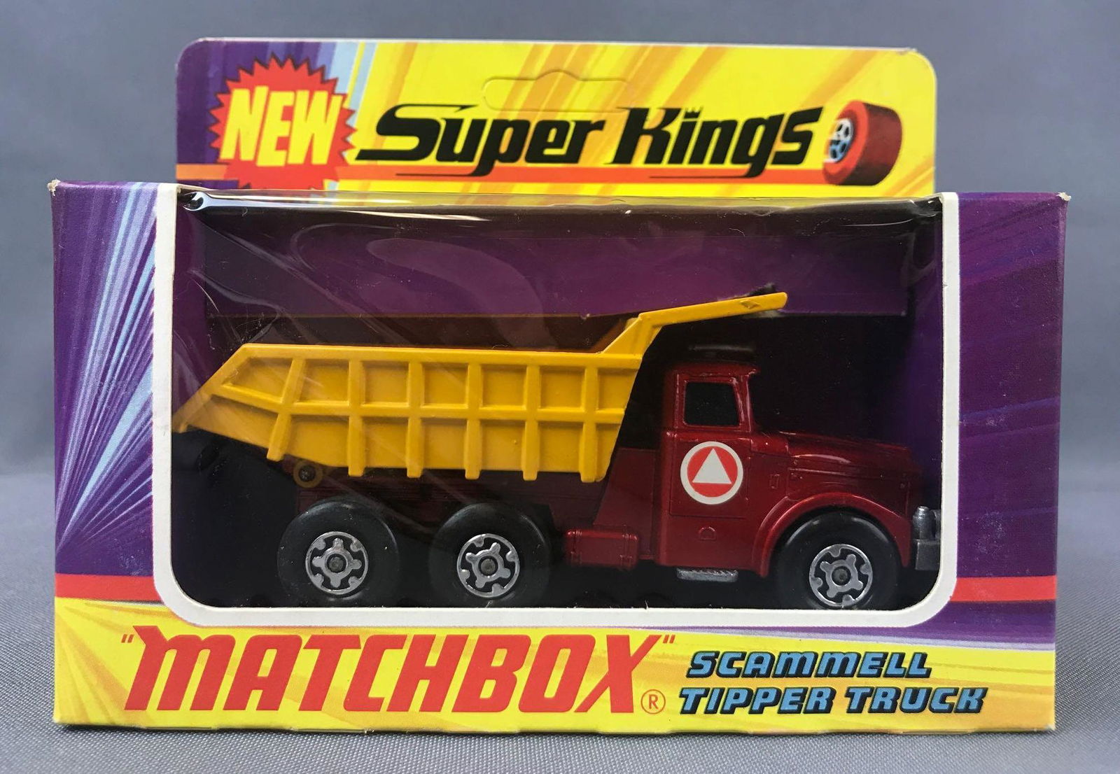 Matchbox Super Kings No. K-19 Scammell Tipper Truck: Red body, blue/green windows, BPW. A Lesney Product. Made in England