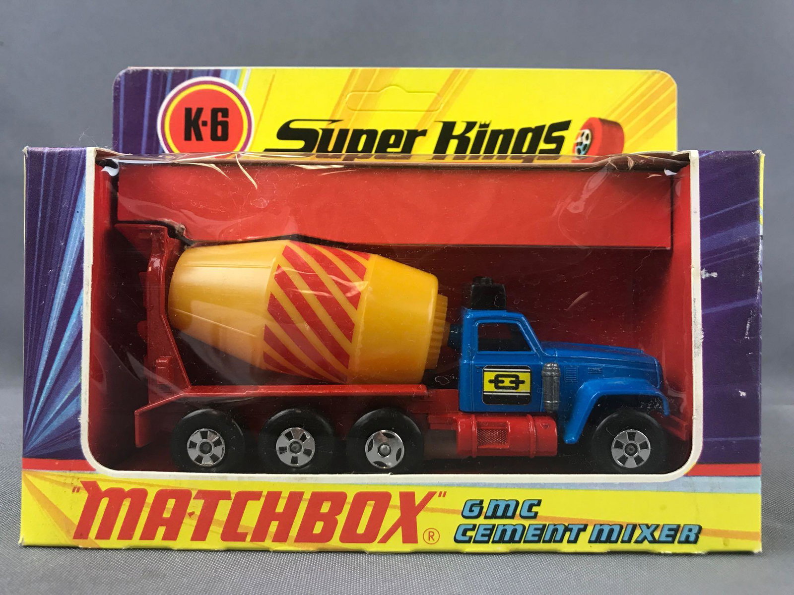Matchbox Super Kings No. K-6 GMC Cement Mixer Die-Cast: Blue/red body, BPW. A Lesney Product. Made in England