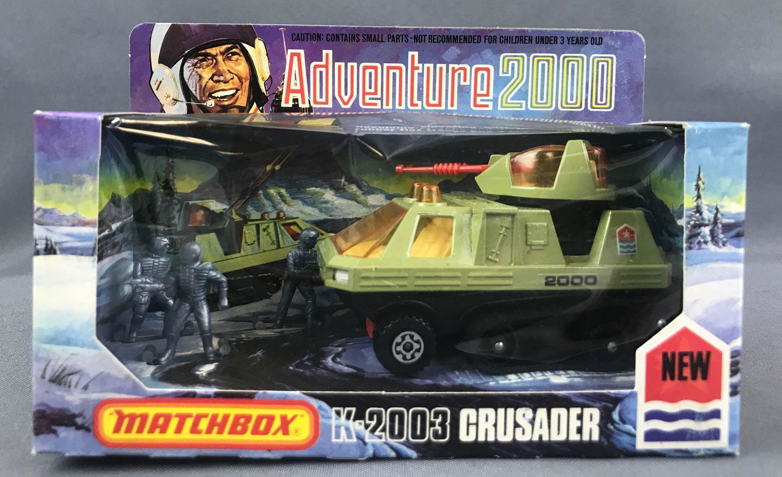 Matchbox Adventure2000 No. K-2003 Crusader Die-Cast: Green body, amber windows, BPW, figures. A Lesney Product. Made in England