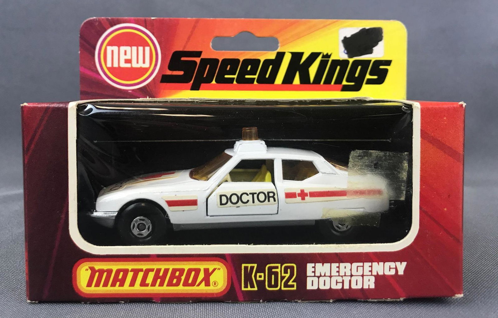 Matchbox Speed Kings No. K-62 Emergency Doctor Die-Cast: White body, amber windows, BPW, Emergency Doctor decals. A Lesney Product. Made in England