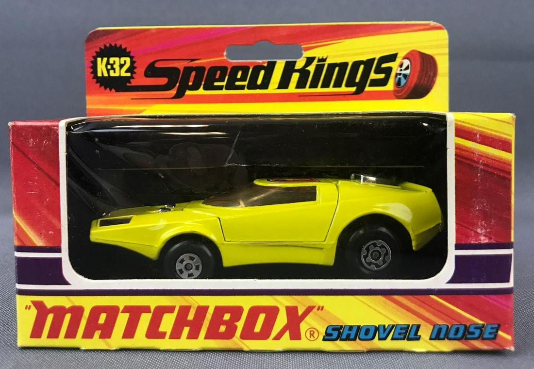 Matchbox Speed Kings No. K-32 Shovel Nose Die-Cast: Yellow body, amber windows, BPW, 4 decal. A Lesney Product. Made in England