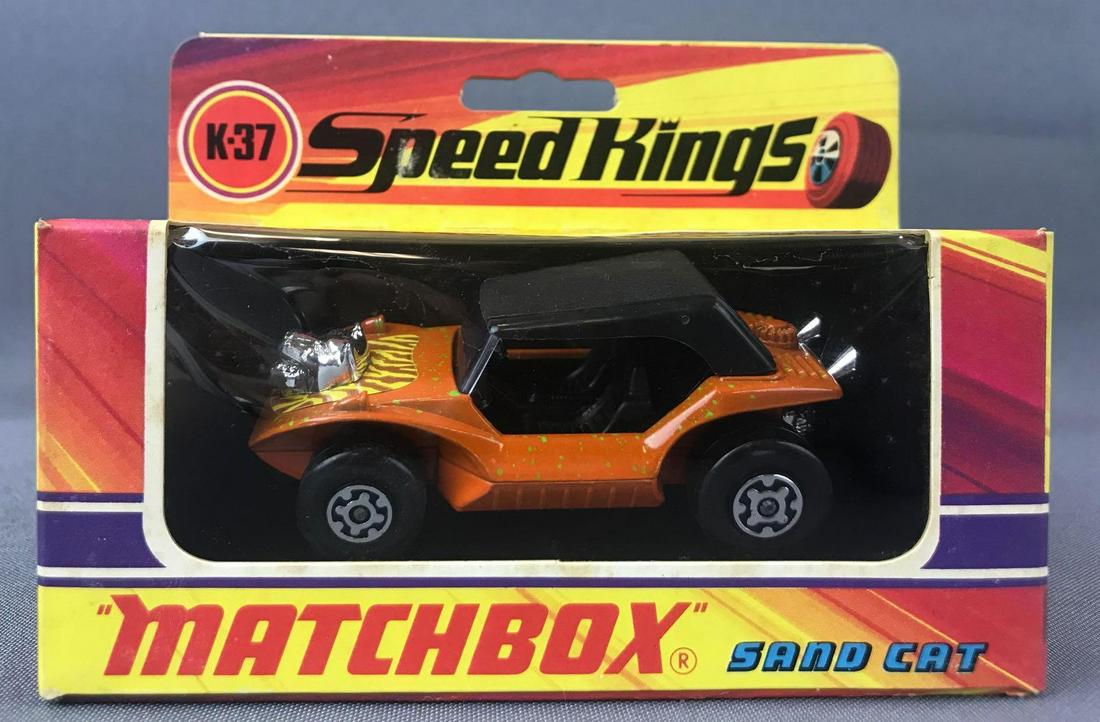 Matchbox Seed Kings No. K-37 Sand Cat Die-Cast Vehicle: Orange/green speckle body, BPW, yellow/brown decal, Cat hood ornament. A Lesney Product. Made in England