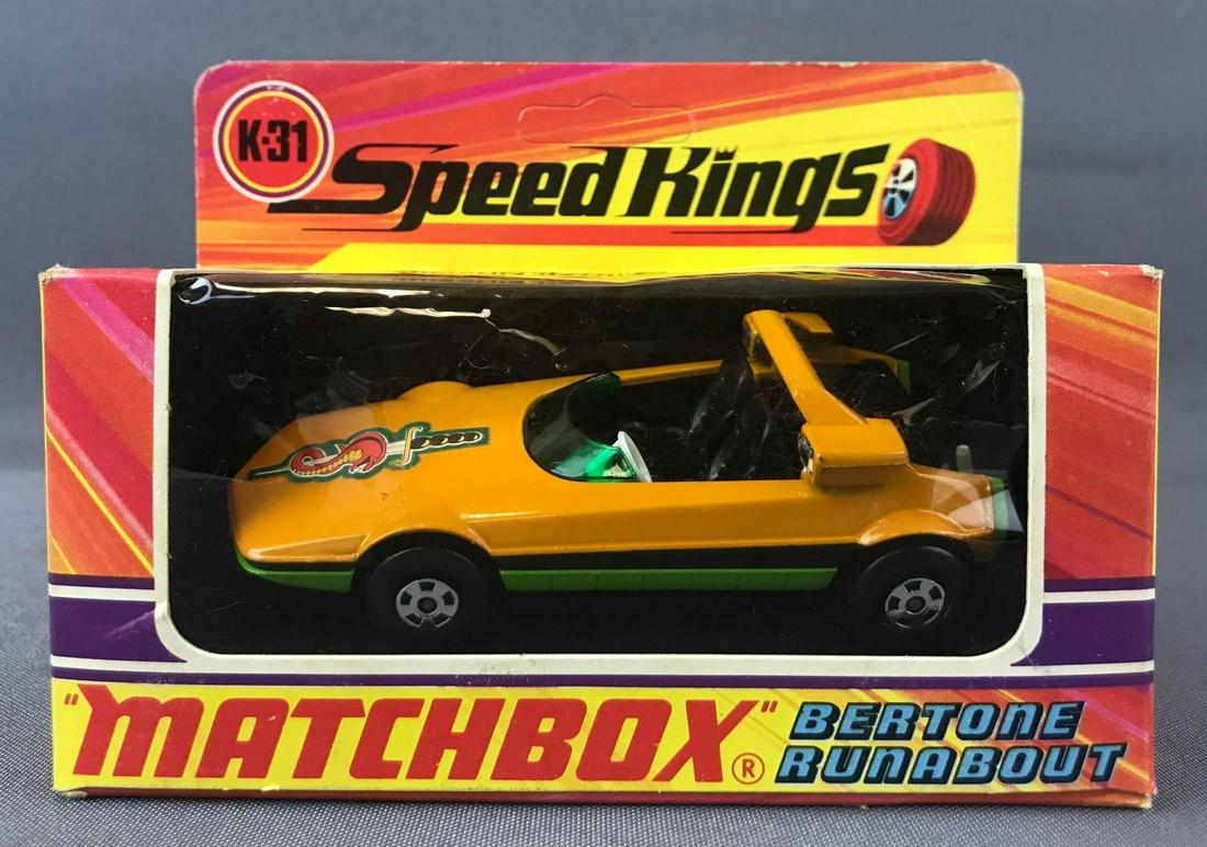 Matchbox Speed Kings No. K-31 Bertone Runabout Die-Cast: Yellow body, green base, green windows, BPW, snake and sword decal. A Lesney Product. Made in England