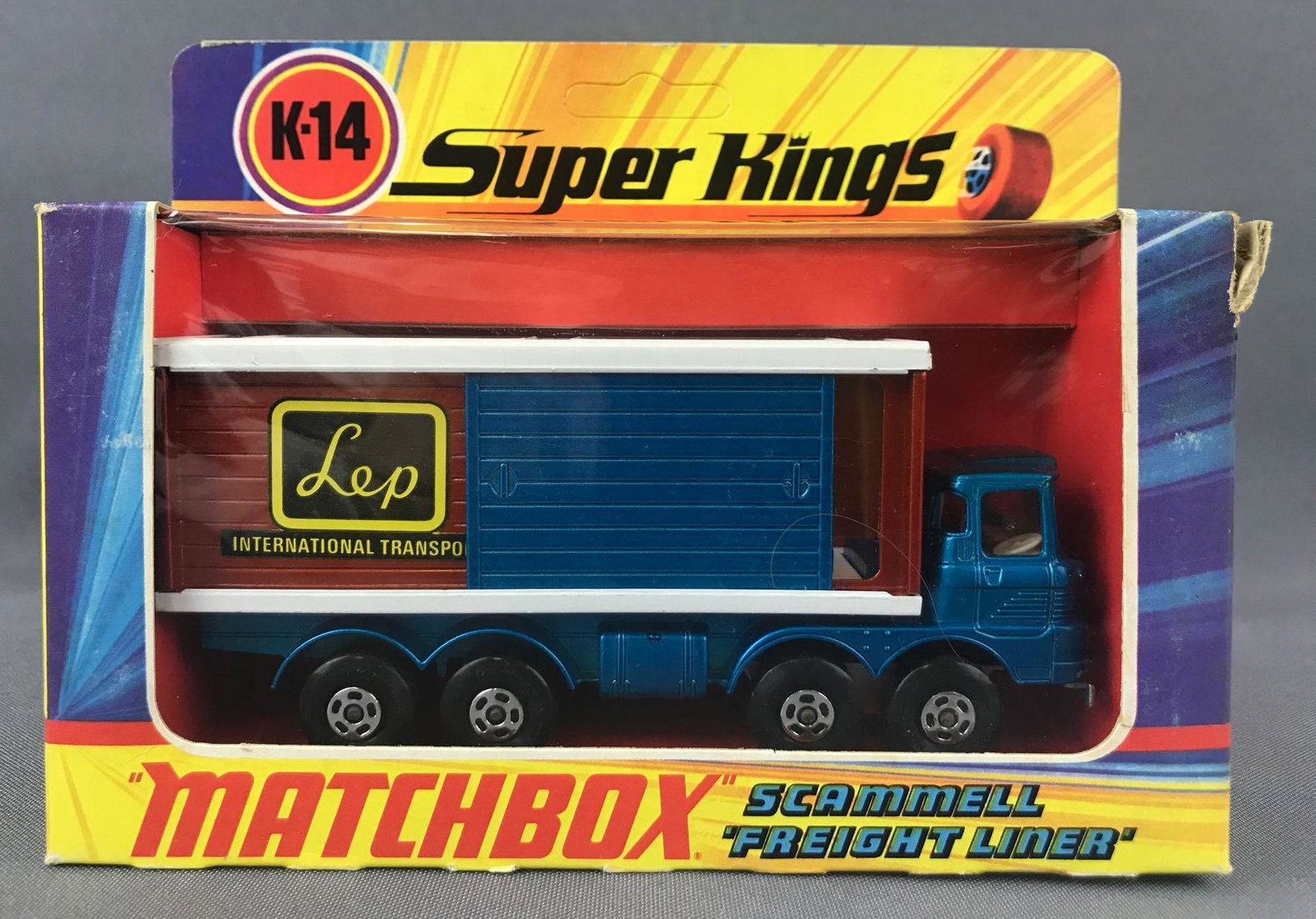 Matchbox Super Kings No. K-14 Scammell Freight Liner: Blue body, BPW, Lep International Transport decal. A Lesney Product. Made in England