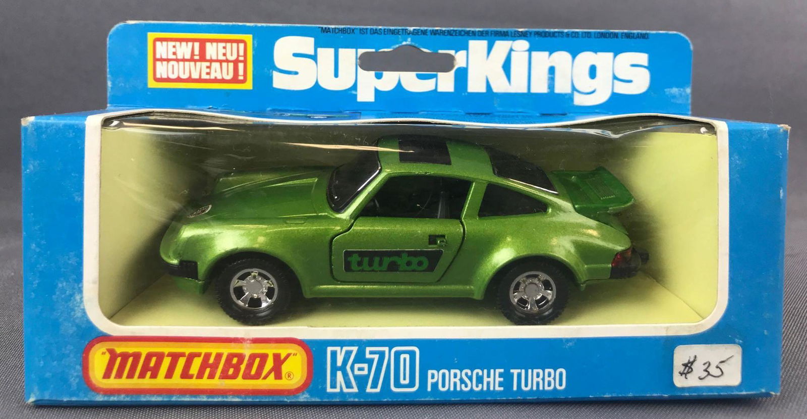 Matchbox Super Kings No. K-70 Porsche Turbo Die-Cast: Green body, BPW, Porsche/Turbo decals. A Lesney Product. Made in England