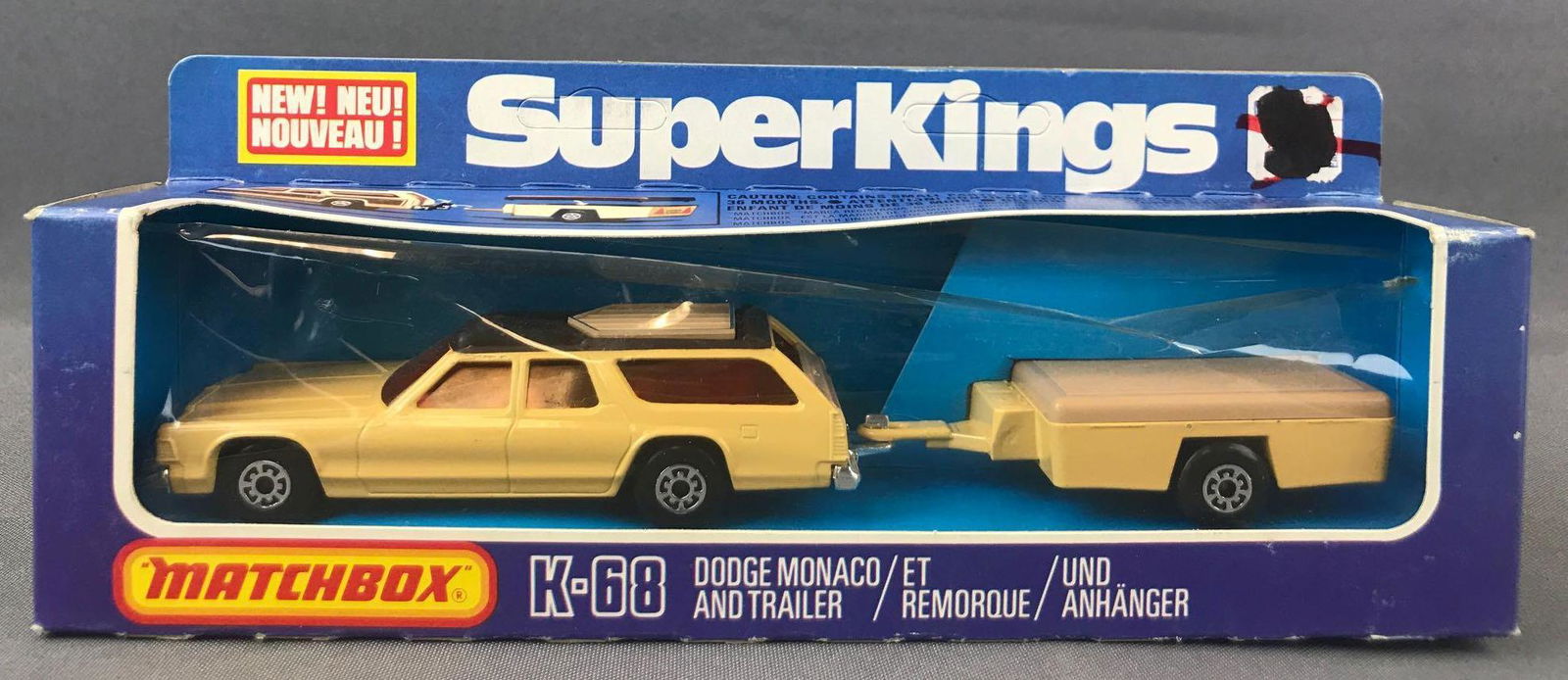 Matchbox Super Kings No. K-68 Dodge Monaco and Trailer: Tan body, amber windows, BPW. A Lesney Product. Made in England