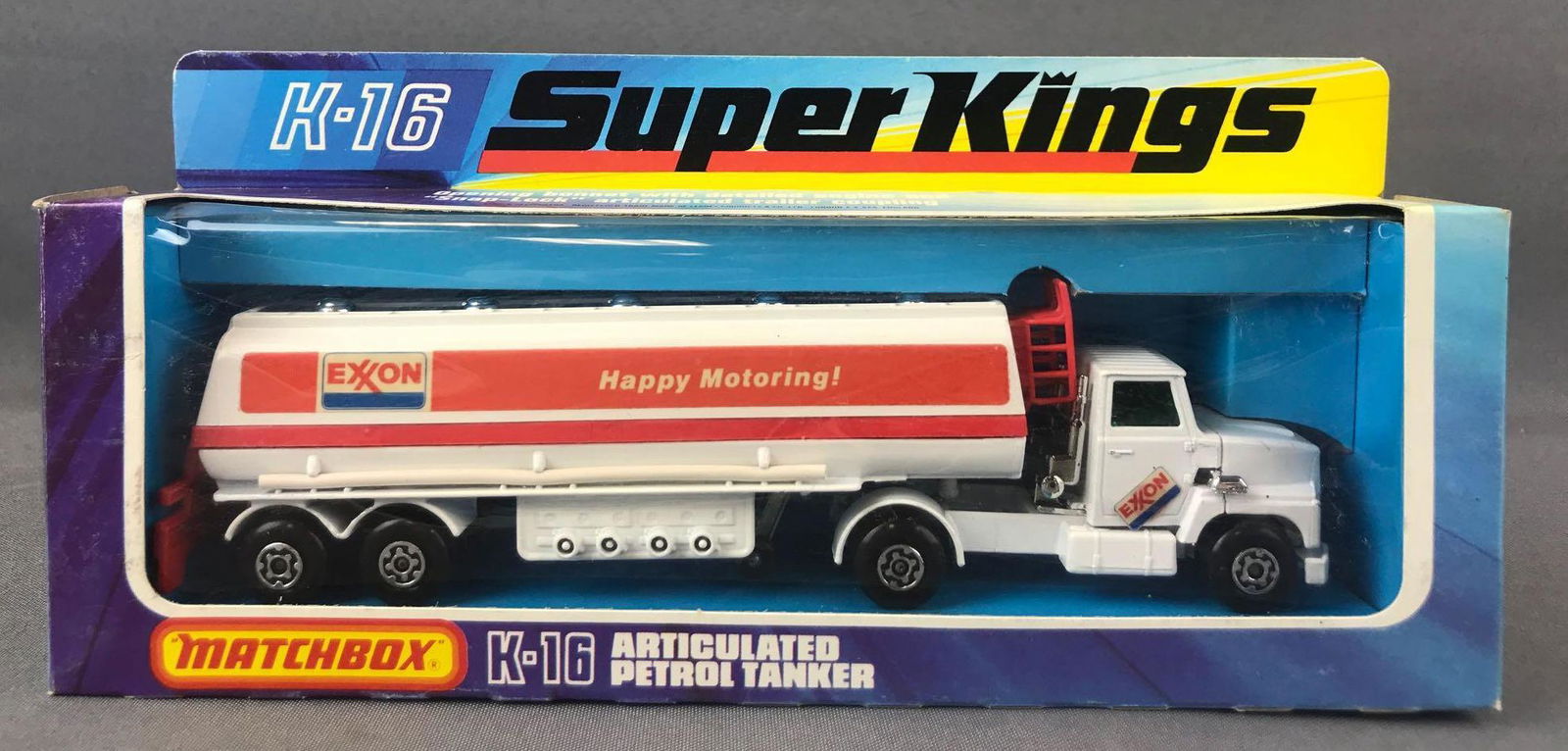 Matchbox Super Kings No. K-16 Articulated Petrol Tanker: White body, green windows, BPW, Exxon decals. A Lesney Product. Made in England